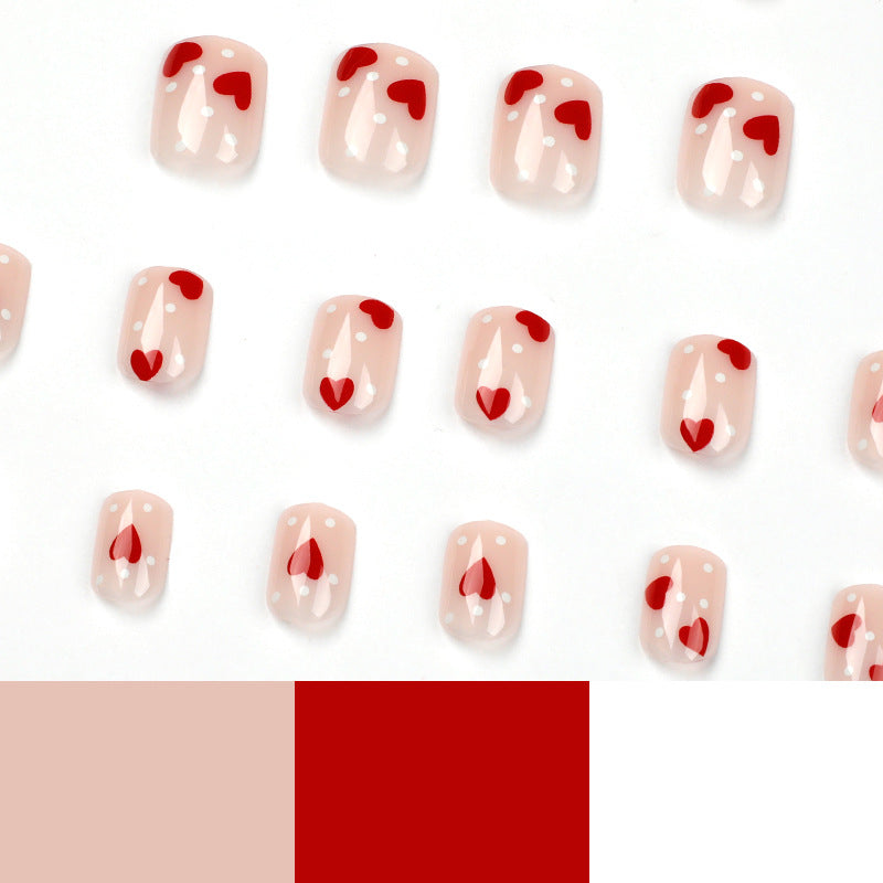 Red Heart Polka Dot Press-on Nails – Cute Square Acrylic False Nails, Glossy Finish