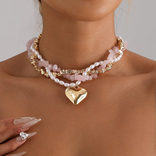 Pink Natural Stone Pearl Necklace for Women – Layered Heart Pendant Jewelry