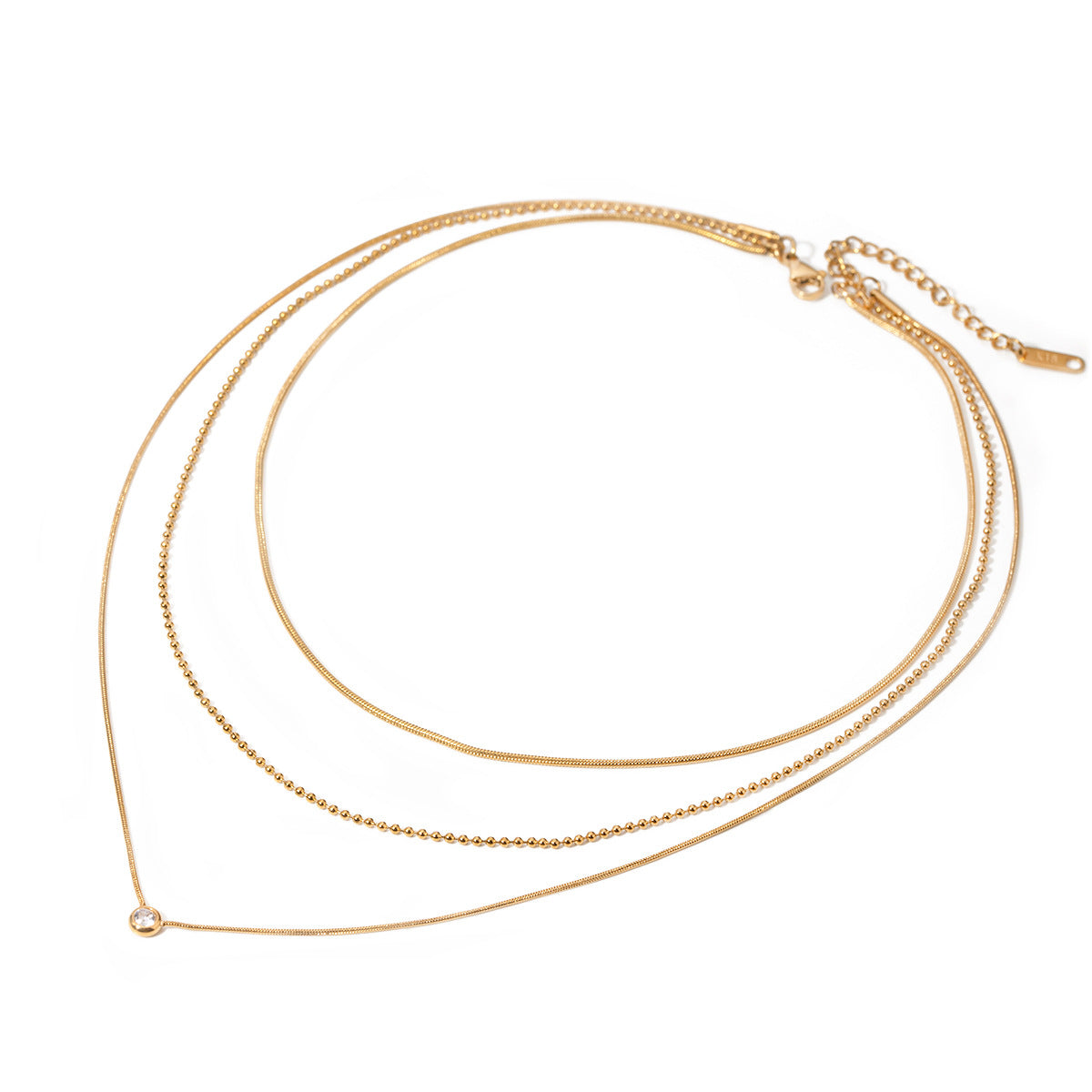 Gold Layered Rhinestone Pendant Necklace – Stainless Steel Triple Chain Jewelry