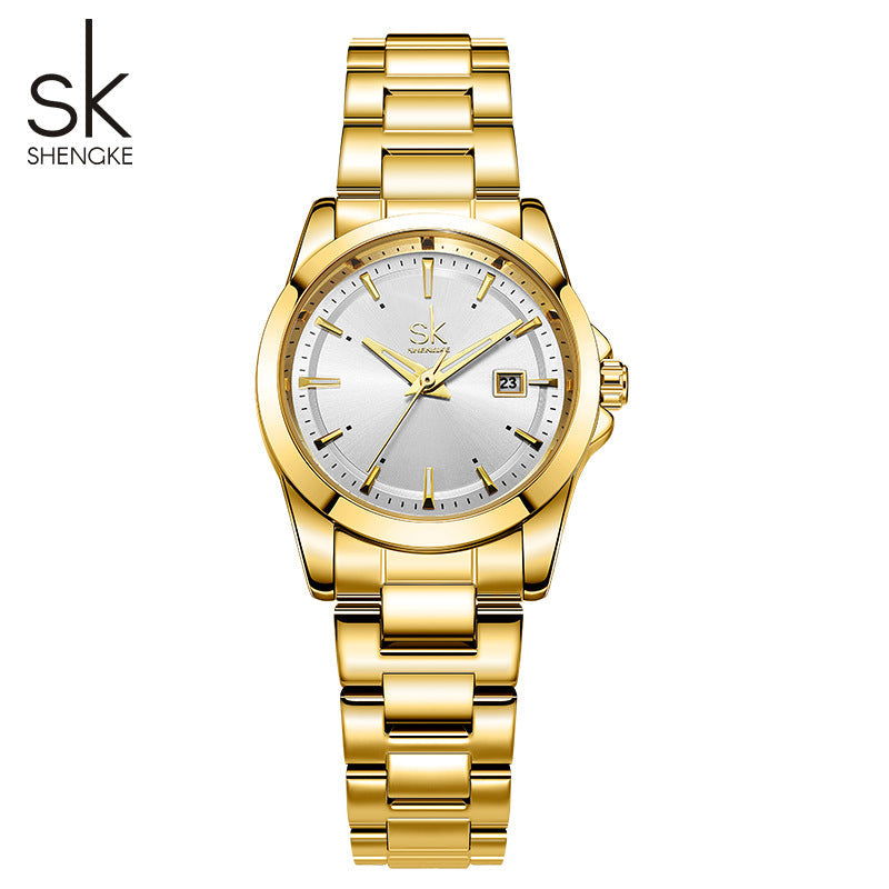 SK Women’s Stainless Steel Quartz Watch – Fashion Round Dial, Waterproof Wristwatch