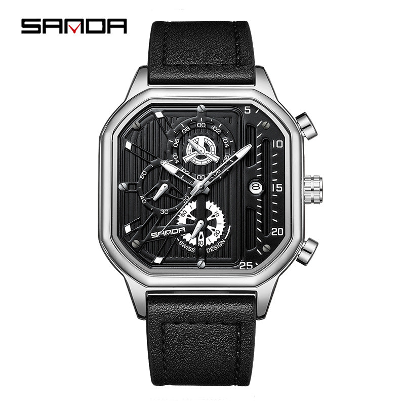 SANDA Men's Leather Square Quartz Watch – Multifunction Calendar Waterproof Timepiece