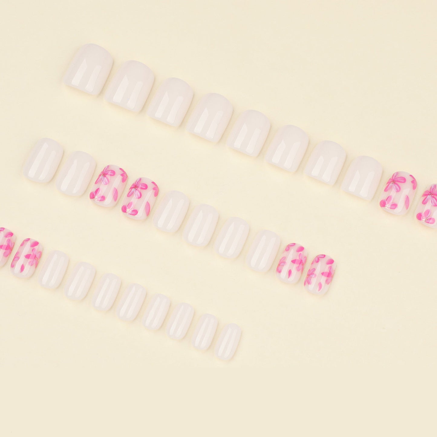 Short Square Floral Press-On Nails – Pink Flower Design, Feminine White
