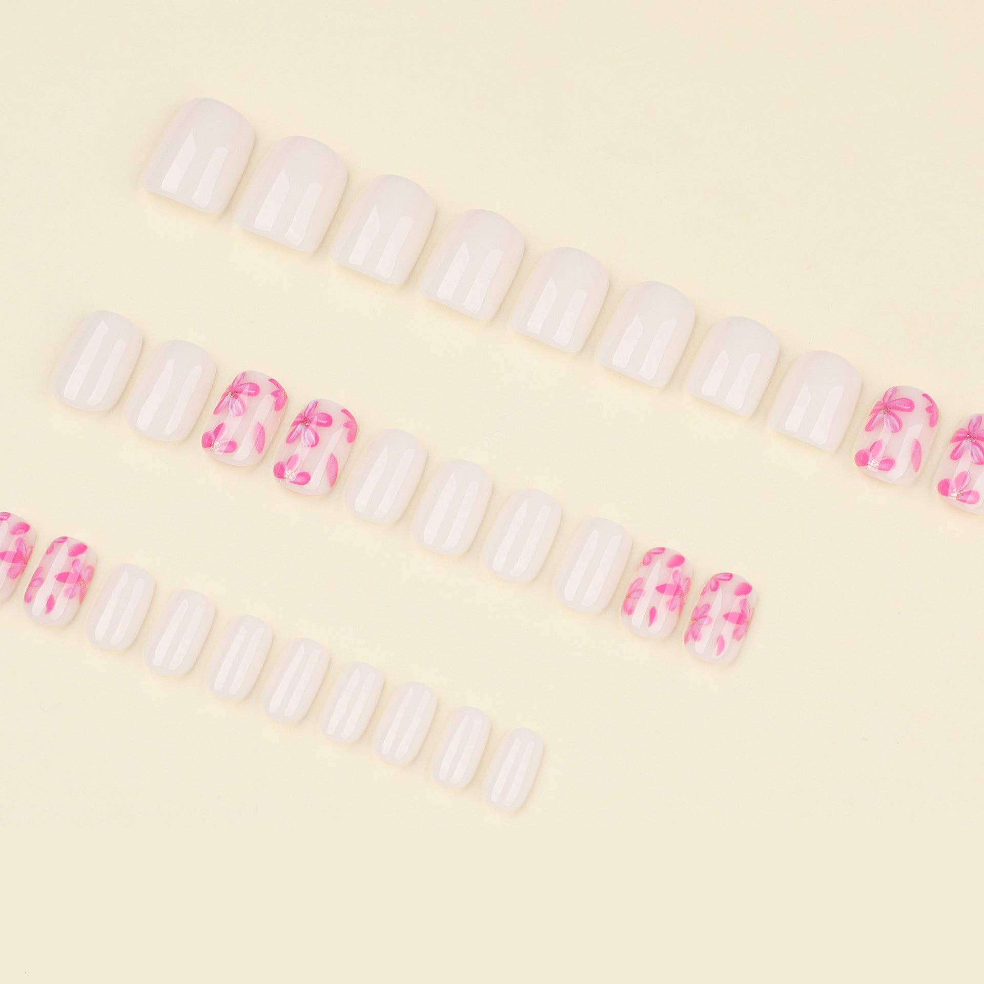 Short Square Floral Press-On Nails – Pink Flower Design, Feminine White