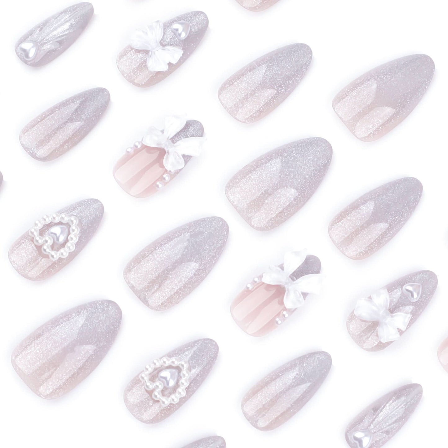 Almond French Press-On Nails – 3D Bow & Pearl Cat Eye False Nail Set