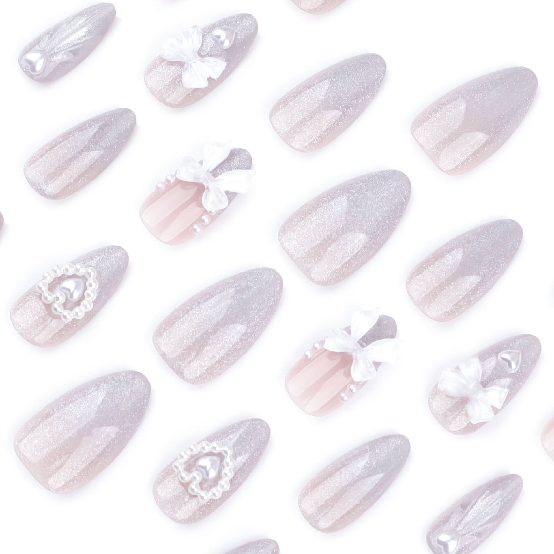 Almond French Press-On Nails – 3D Bow & Pearl Cat Eye False Nail Set