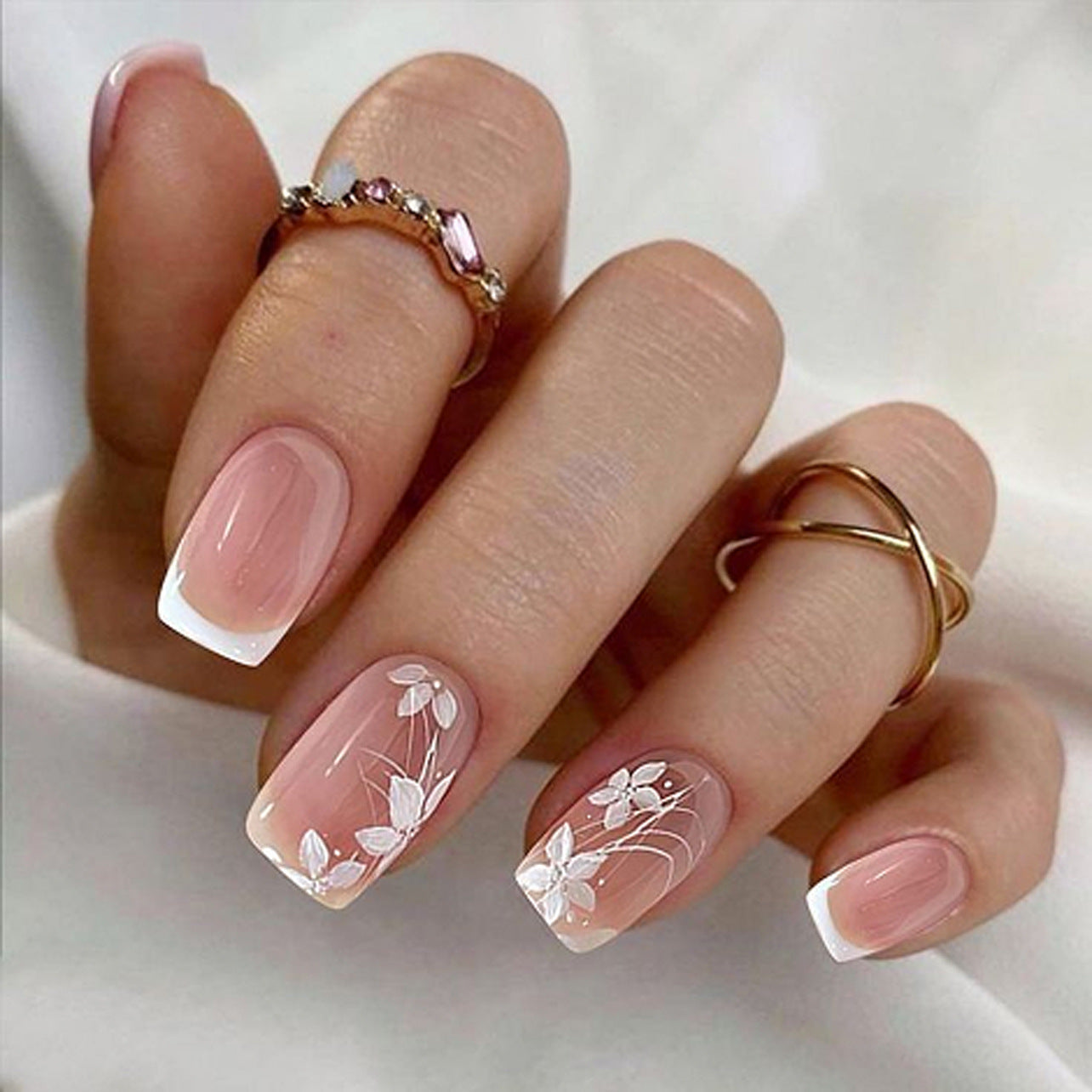 Elegant Floral French Tip Press-On Nails – Medium Square, Glue-On