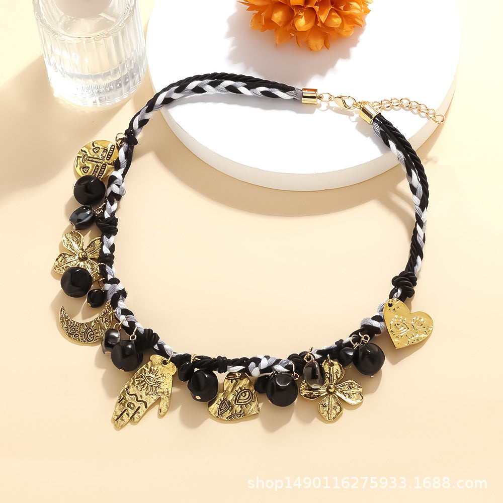Handmade Multi-Layer Pendant Necklace – Heart & Moon Charm Alloy Rope Jewelry