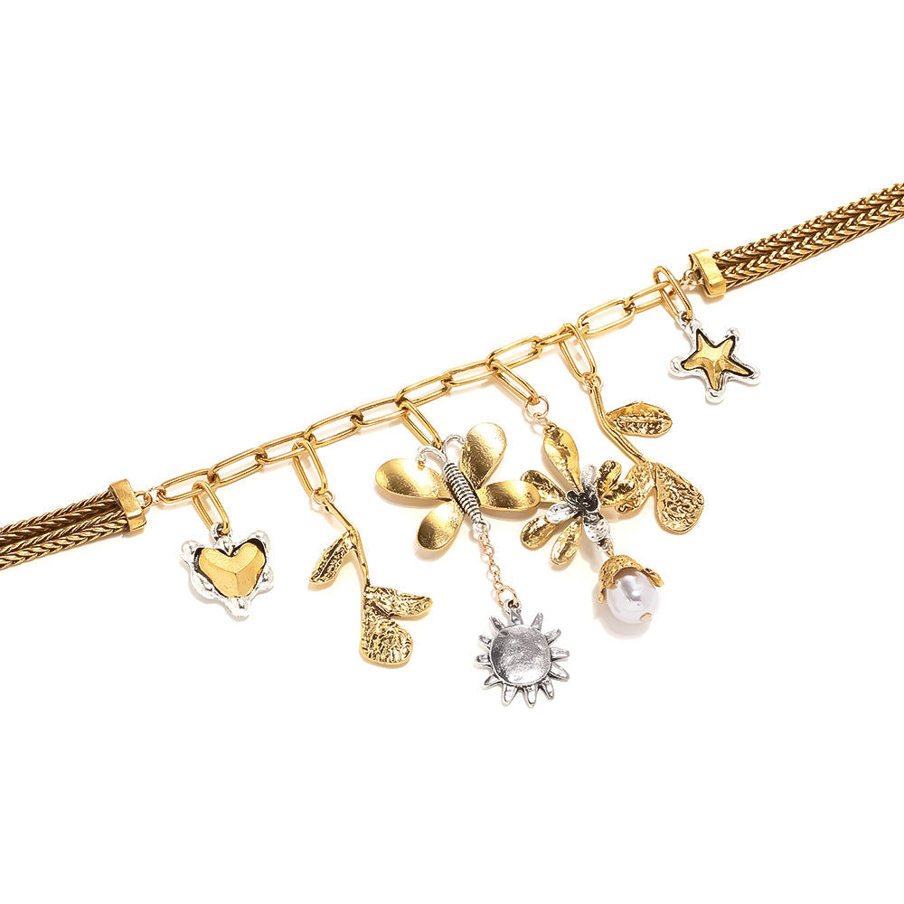 Butterfly & Flower Pendant Necklace – Trendy Metal Charm Jewelry for Women