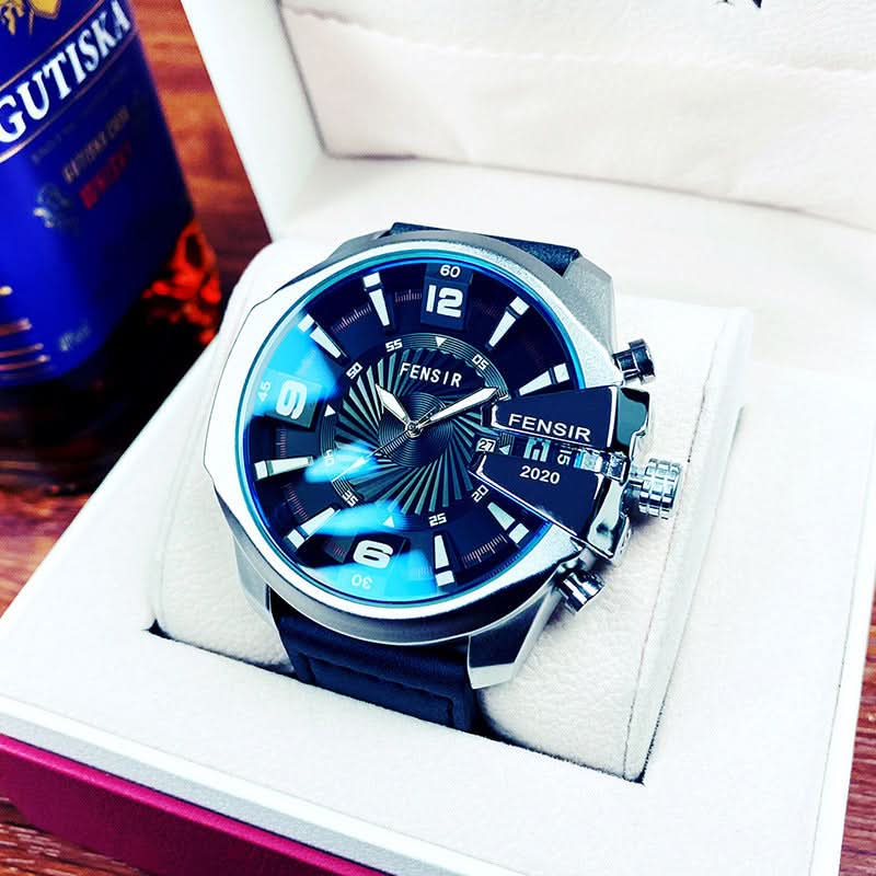 Men’s Oversized Quartz Watch with Calendar –Leather Strap Business Casual Timepiece