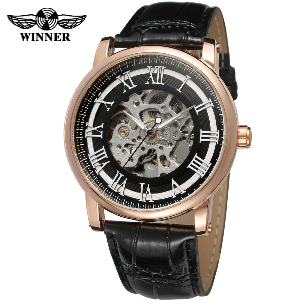 T-Winner Men’s Skeleton Mechanical Watch – Classic Roman Numerals, Leather Strap