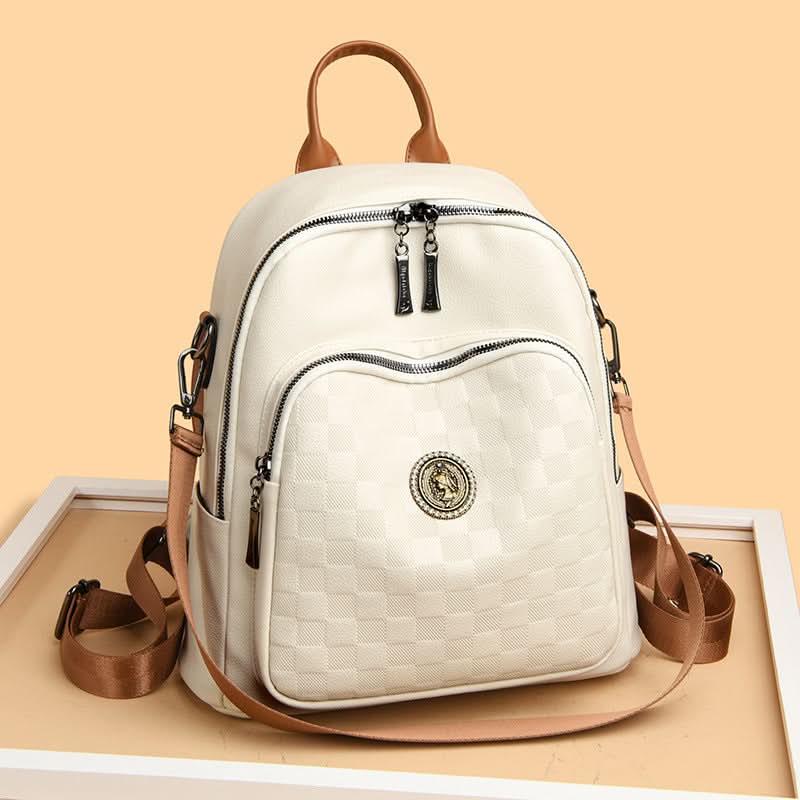 Women's Checkerboard PU Leather Backpack – With Multi-Pocket Design