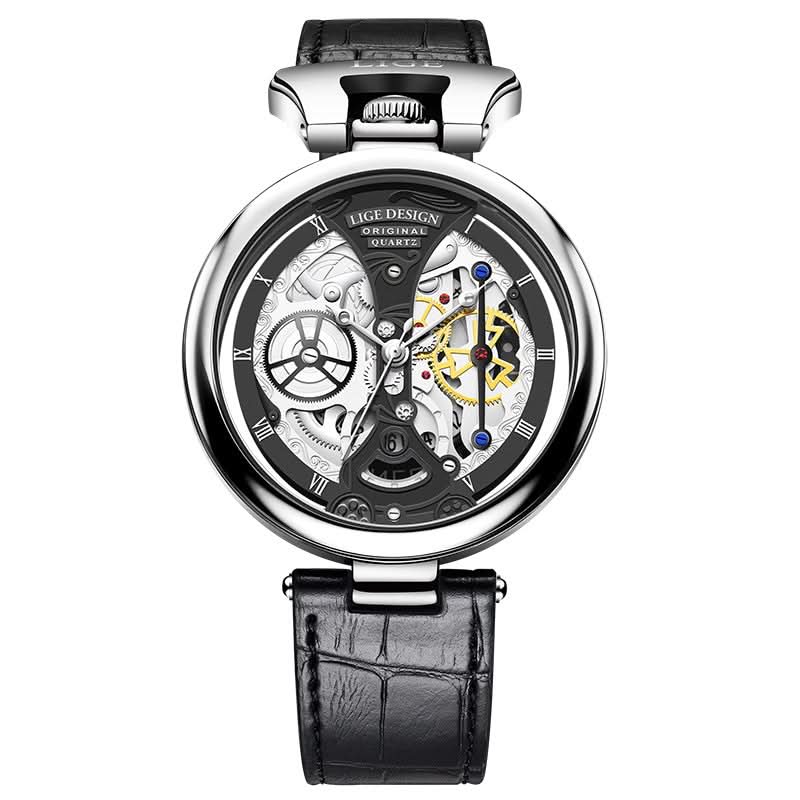Men’s Hollow Dial Quartz Watch – Trendy Waterproof Leather Strap Timepiece