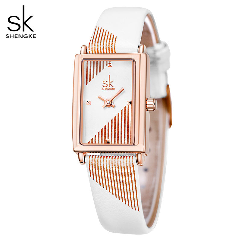 SK Women’s Quartz Watch – Creative Rectangle Dial, Leather Strap, Waterproof Wristwatch