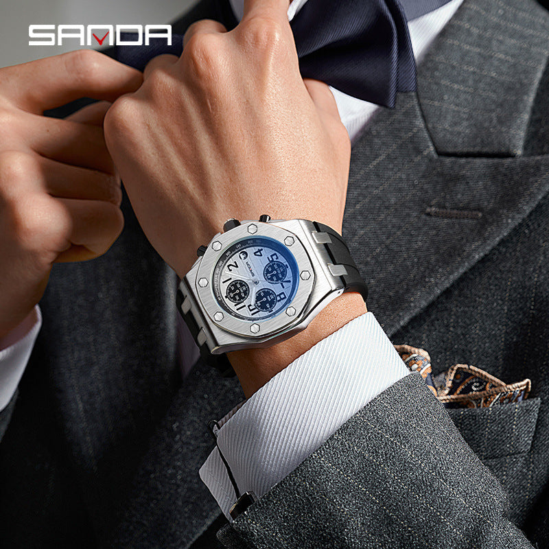 Sanda Men’s Sports Quartz Watch – Luminous Three-Eye Chronograph with Calendar