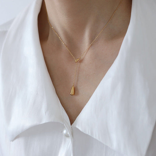 Korean Style Teardrop Pendant Necklace – Gold Titanium Steel Jewelry for Women