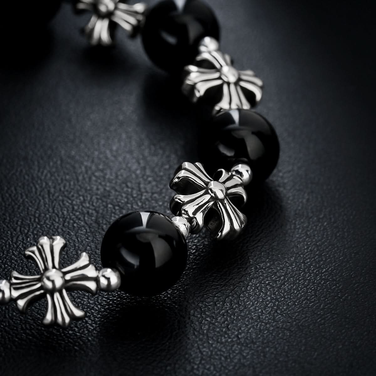 Unisex Retro Cross-Stitched Obsidian Beaded Bracelet –  Stone Wristband