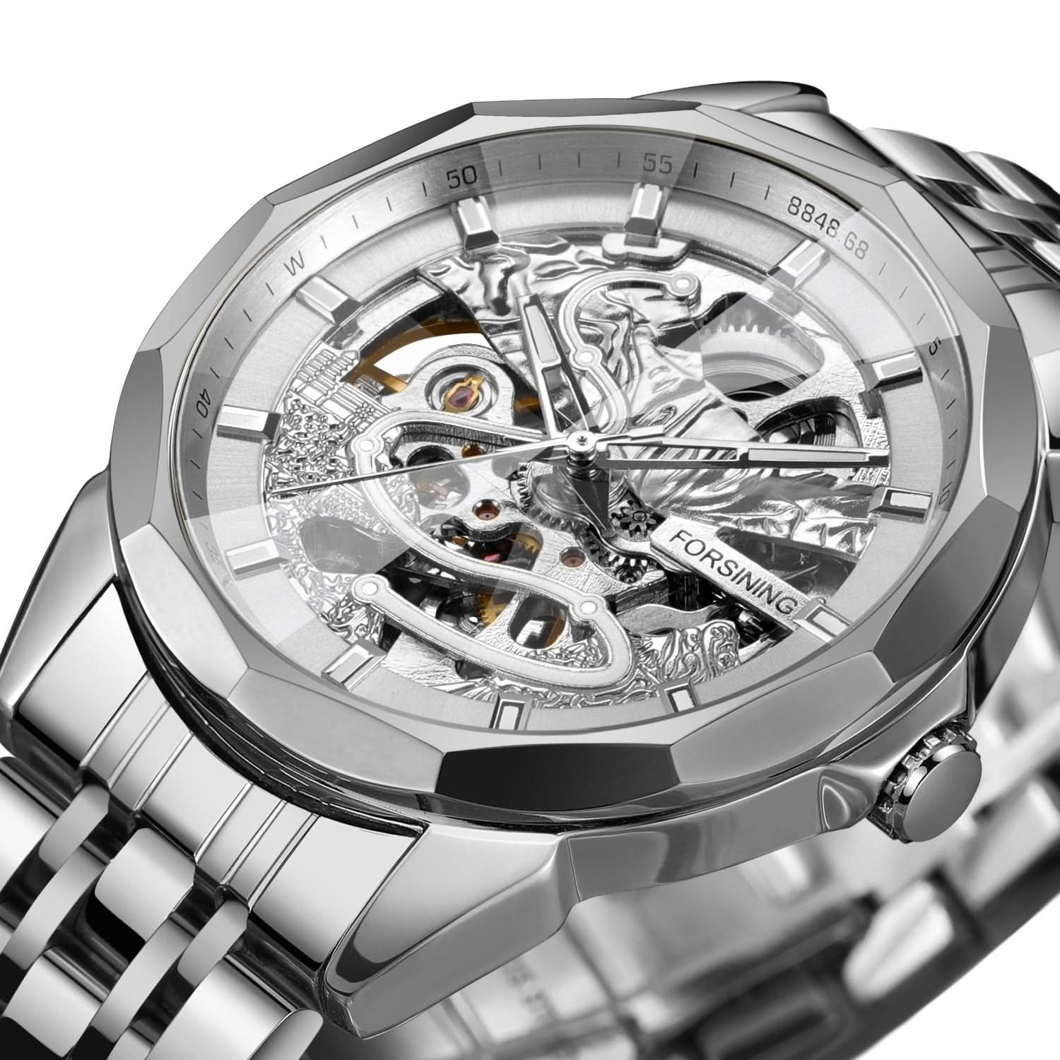 Men’s Mechanical Watch – Diamond Glass Dial, Stainless Steel Strap