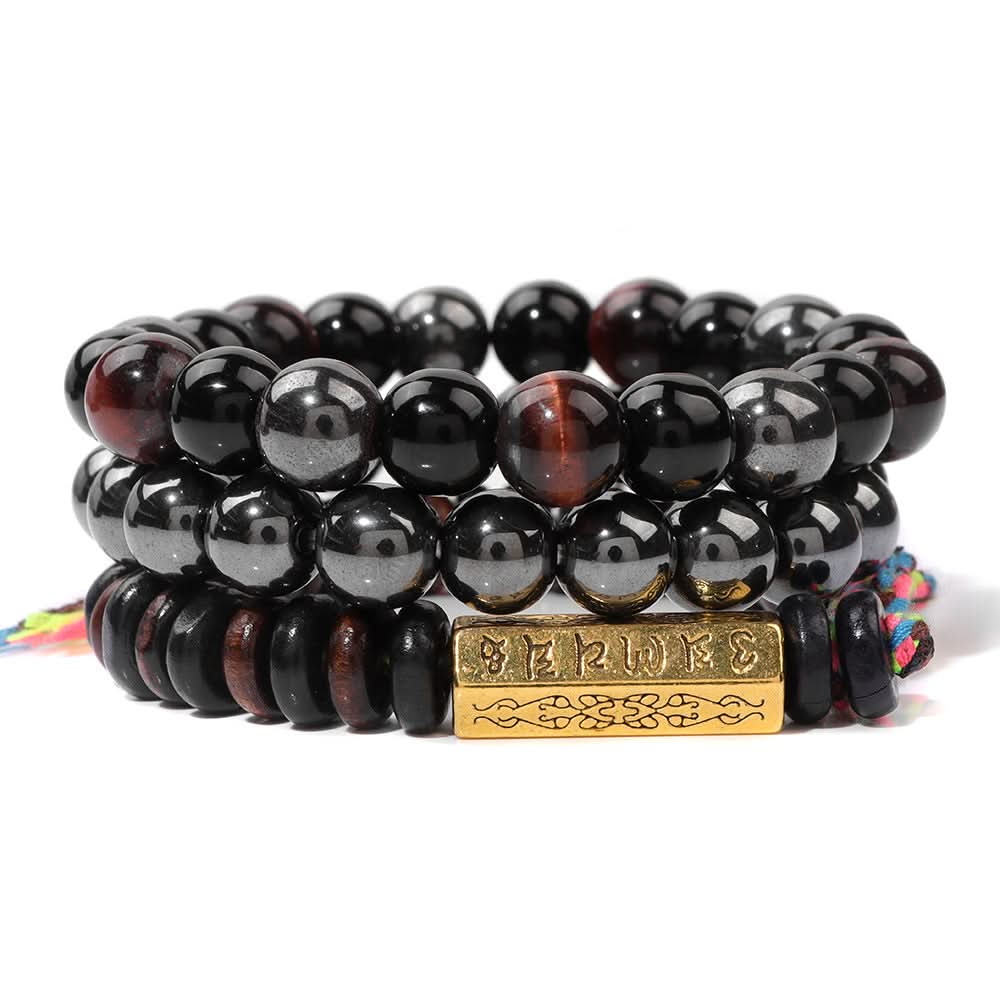 Unisex 3-Piece Tiger Eye & Agate Bead Bracelet Set – Six-Word Mantra