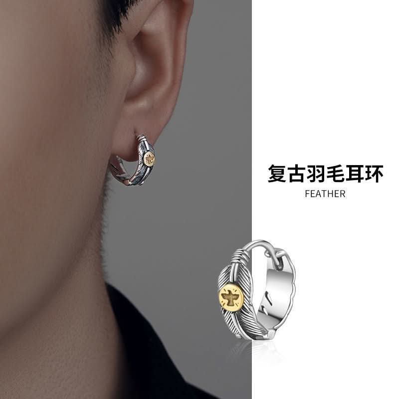 Men’s Retro Feather Hoop Earrings – Silver Flying Bird DesignJewelry