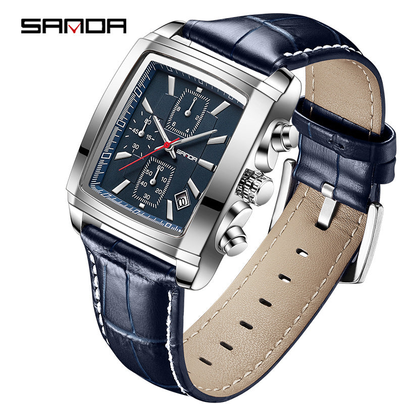 SANDA Men’s Quartz Square Watch – Leather Strap Business Watch with Calendar, Waterproof
