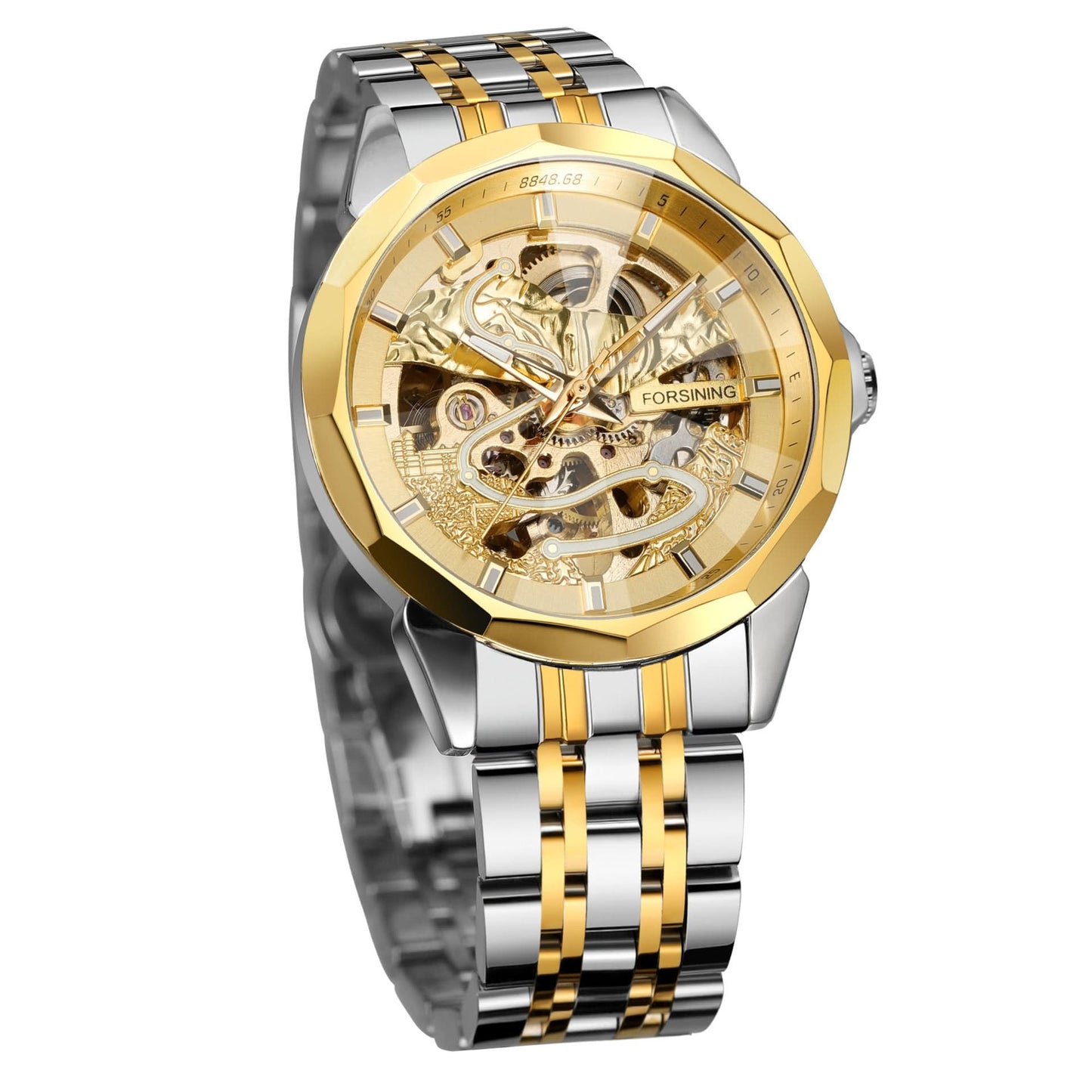 Men’s Mechanical Watch – Diamond Glass Dial, Stainless Steel Strap