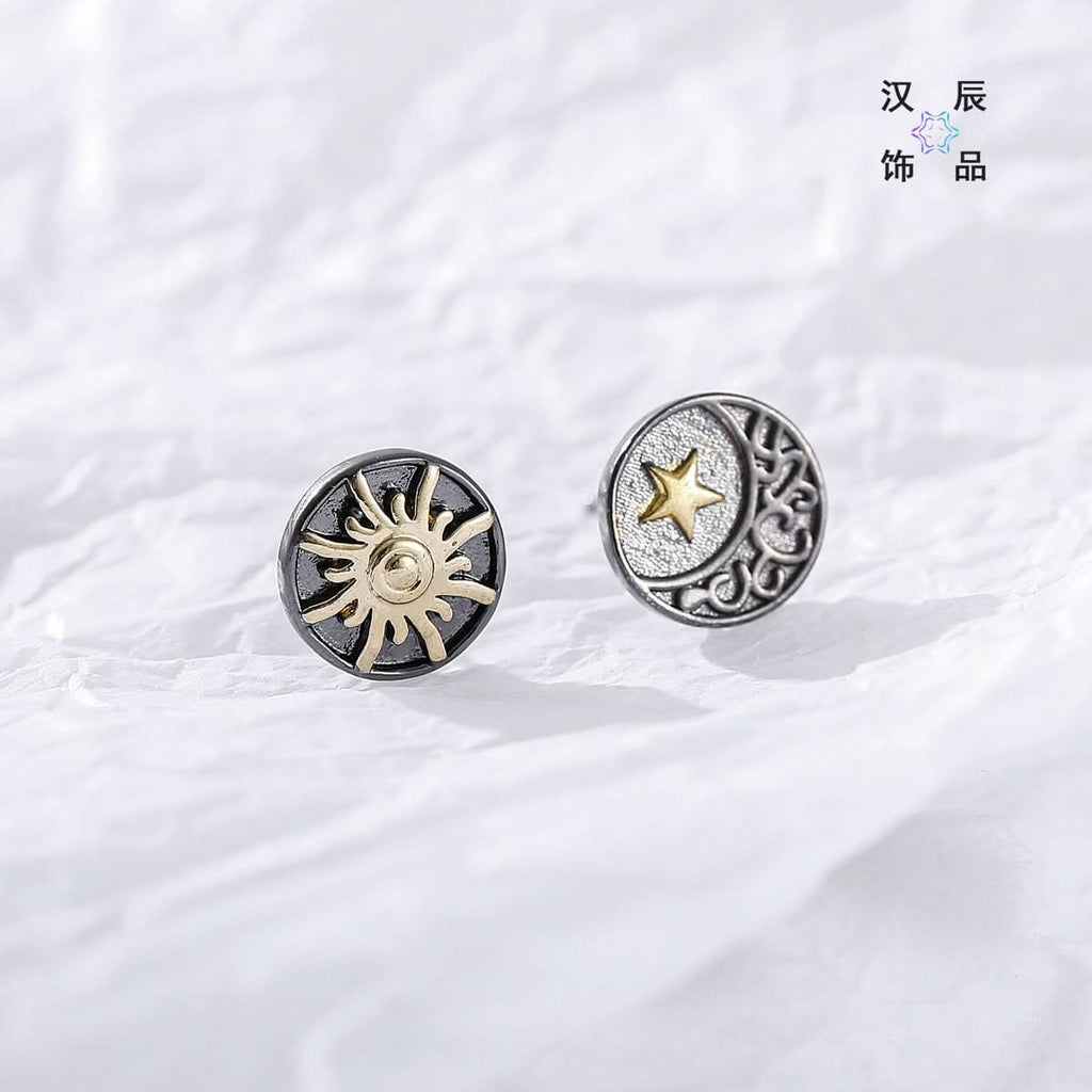 Sun & Moon Stud Earrings – Silver-Gold Unisex Fashion Jewelry