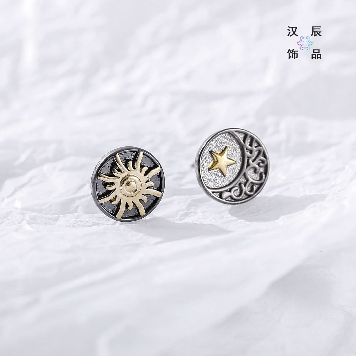 Sun & Moon Stud Earrings – Silver-Gold Unisex Fashion Jewelry