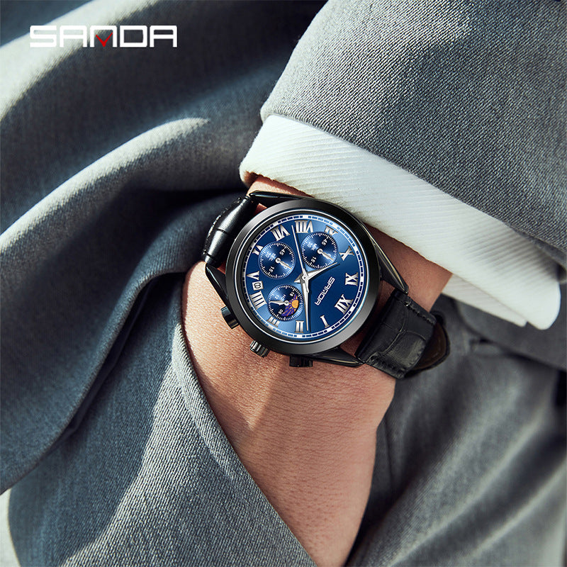 Sanda Men’s Leather Quartz Watch – Waterproof Business Watch with Moon Phase & Calendar
