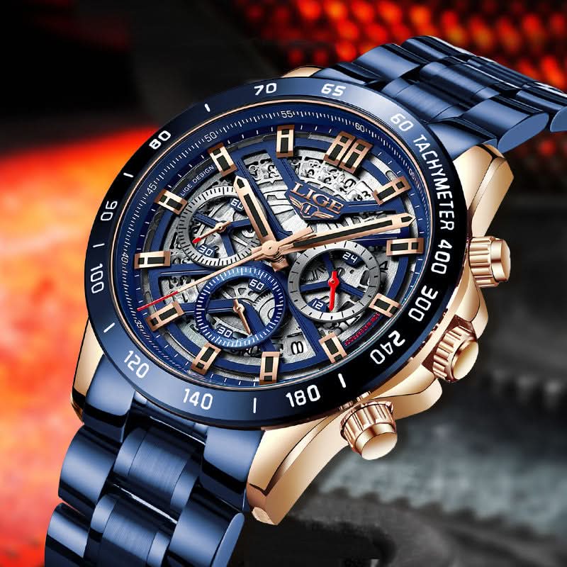 Men’s Skeleton Quartz Chronograph Watch – Stainless Steel Wristwatch