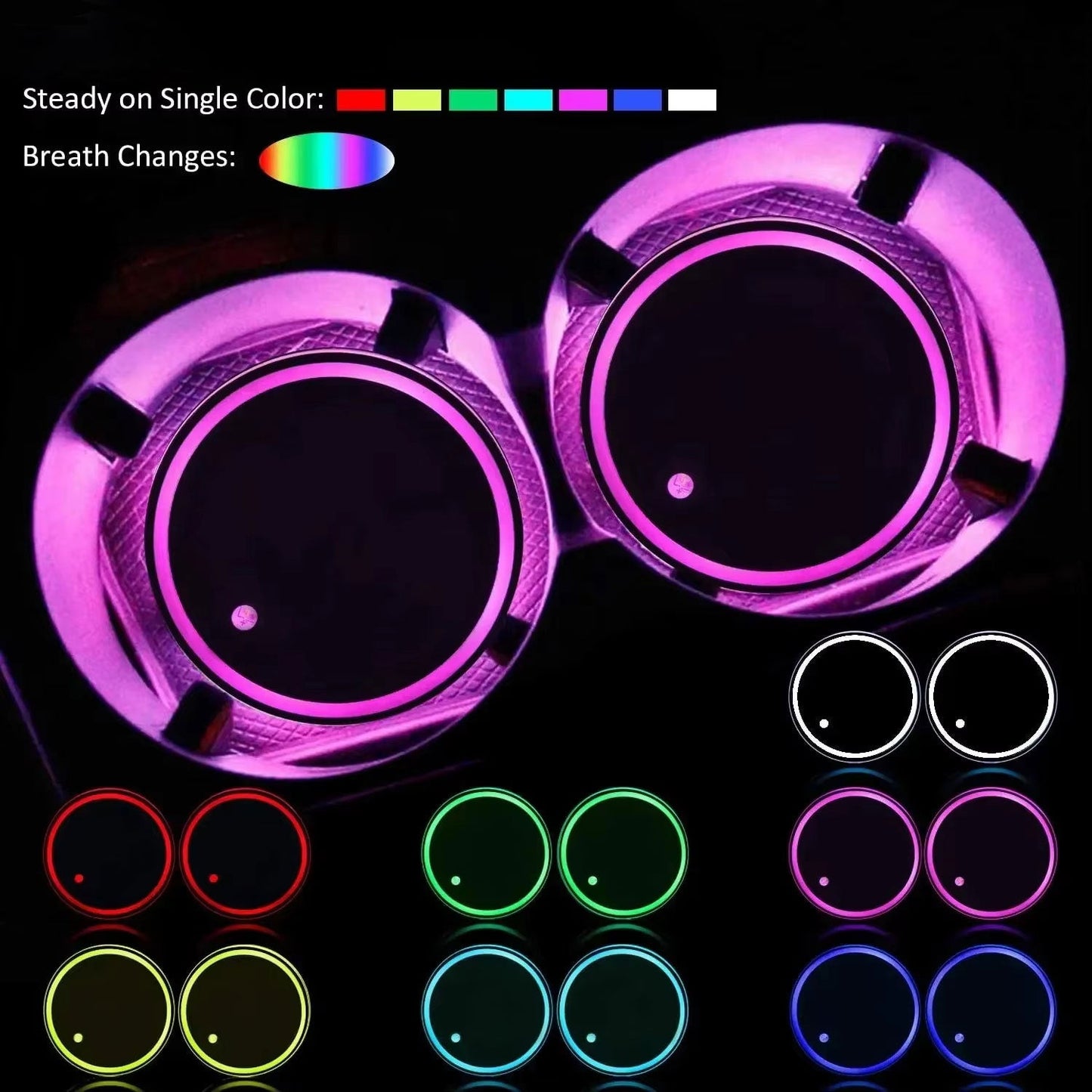 LED Car Coaster Lights – 7-Color Ambient Cup Holder with Auto Sensor, Non-Slip Design (pack of 2)