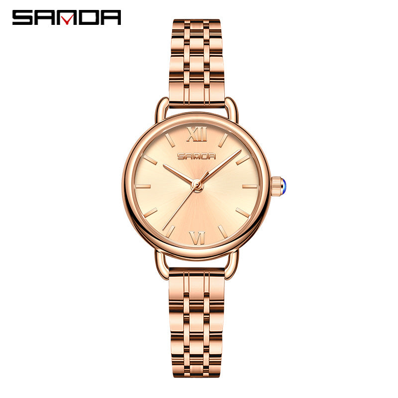 Sanda Women’s Stainless Steel Quartz Watch – Waterproof Small Dial Fashion Ladies Watch
