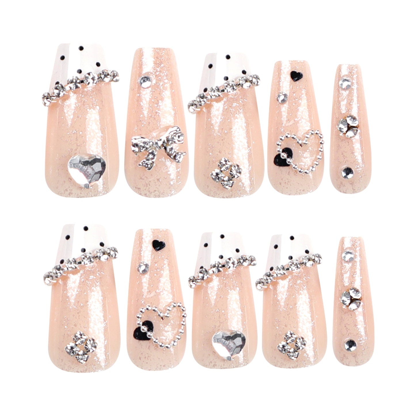Long Coffin Press-On Nails with Rhinestone Hearts & Polka Dots – Wearable Nail Art