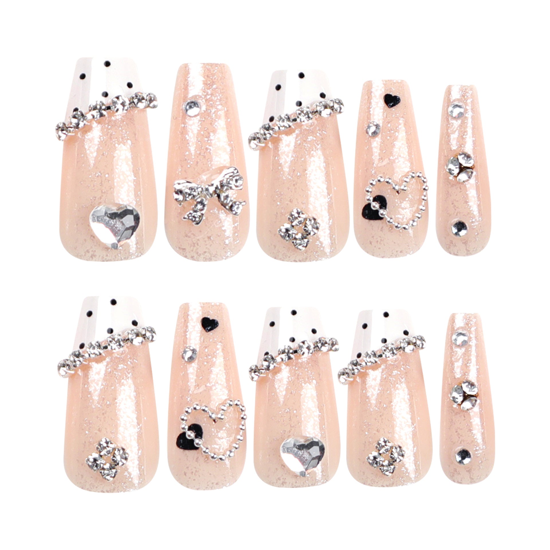 Long Coffin Press-On Nails with Rhinestone Hearts & Polka Dots – Wearable Nail Art