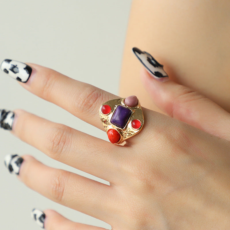 Bohemian Multi-Stone Statement Ring – Colorful Retro Cluster Ring for Women