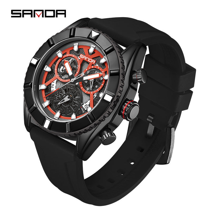 SANDA Luminous Men’s Quartz Watch – Silicone Strap with Calendar & Small Three-Hand