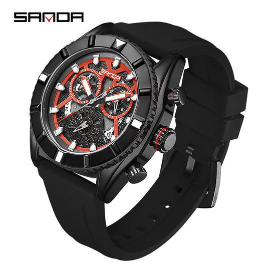 SANDA Luminous Men’s Quartz Watch – Silicone Strap with Calendar & Small Three-Hand