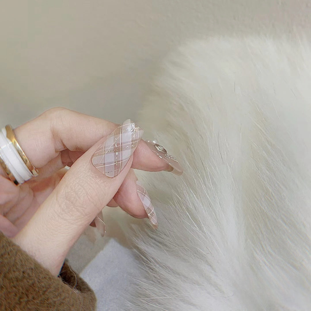 Sophisticated Plaid Press-On Nails with Pearl & Ribbon Accents, Square Acrylic Glue-On Set