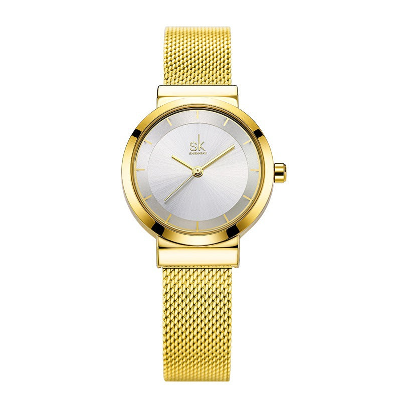 SK Women’s Fashion Quartz Watch – Stainless Steel Mesh Strap, 30M Waterproof Round Dial