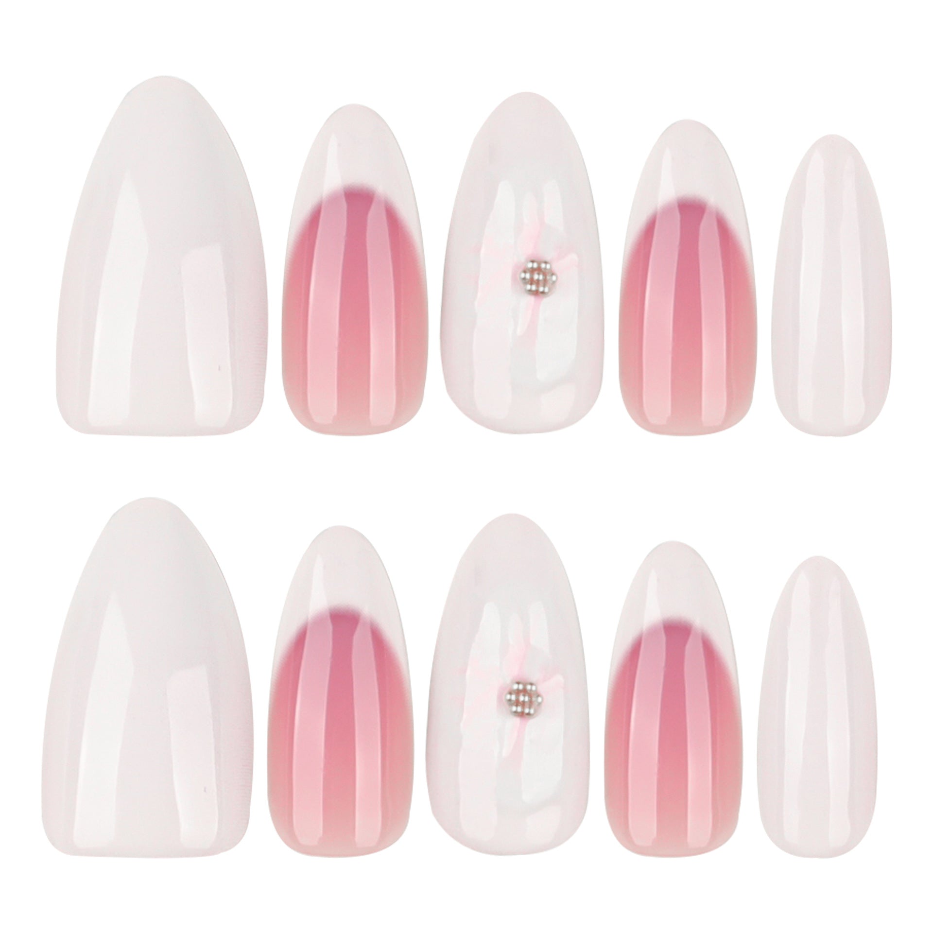 Elegant French Tip Press-On Nails – 3D Floral Almond Shape, Long Glossy Nude Pink