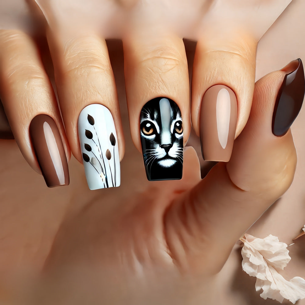 Artistic Glossy Press-On Nails – Long Acrylic with Cat & Leaf Design, Glue-On Nails