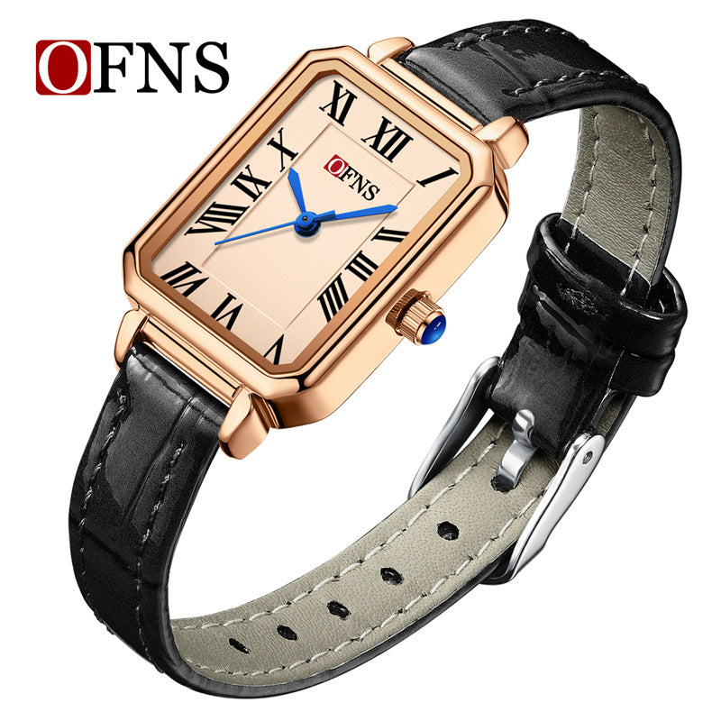 OFNS Women’s Square Quartz Watch – Roman Dial, Leather Strap & Waterproof Design