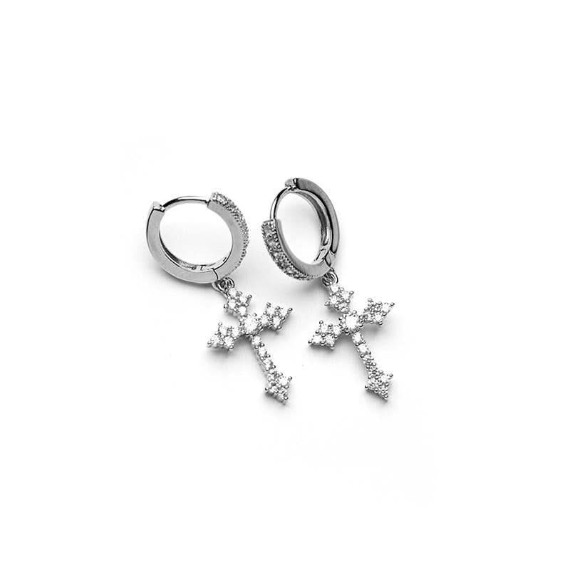 Silver Diamond Cross Earrings - Unisex
