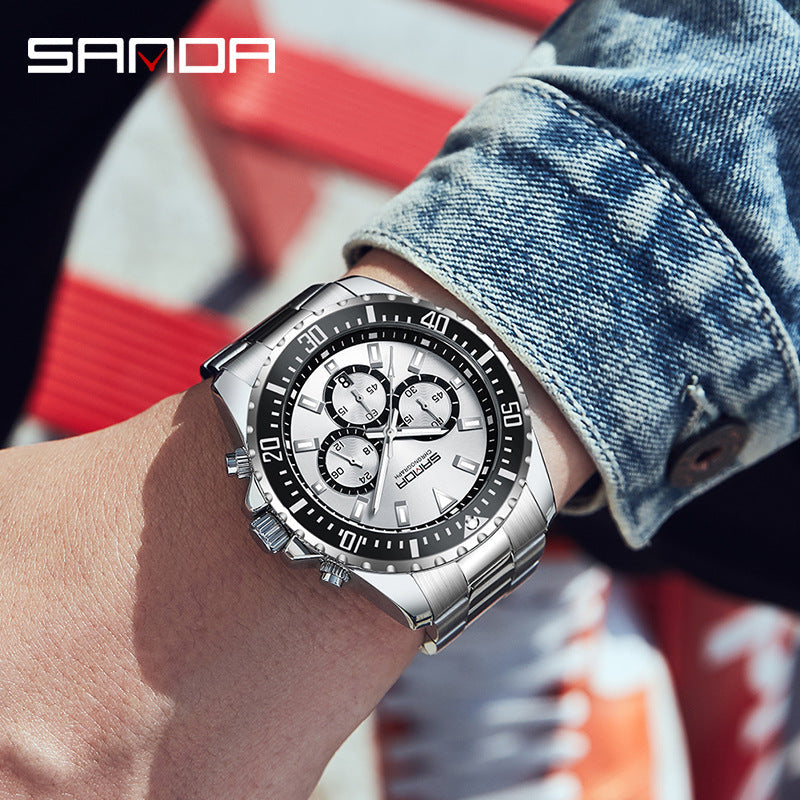SANDA Luminous Men’s Quartz Watch – Stainless Steel Strap with Calendar & Chronograph