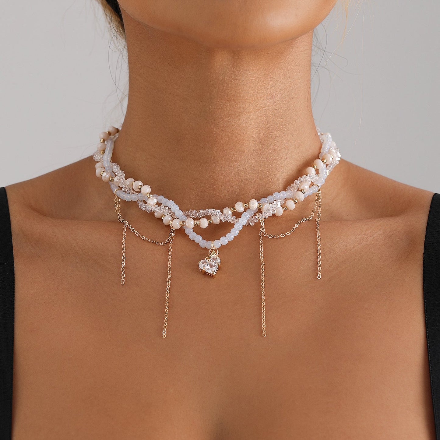 Layered Crystal Heart Tassel Necklace for Women – Gold Multi-Strand Chain Jewelry