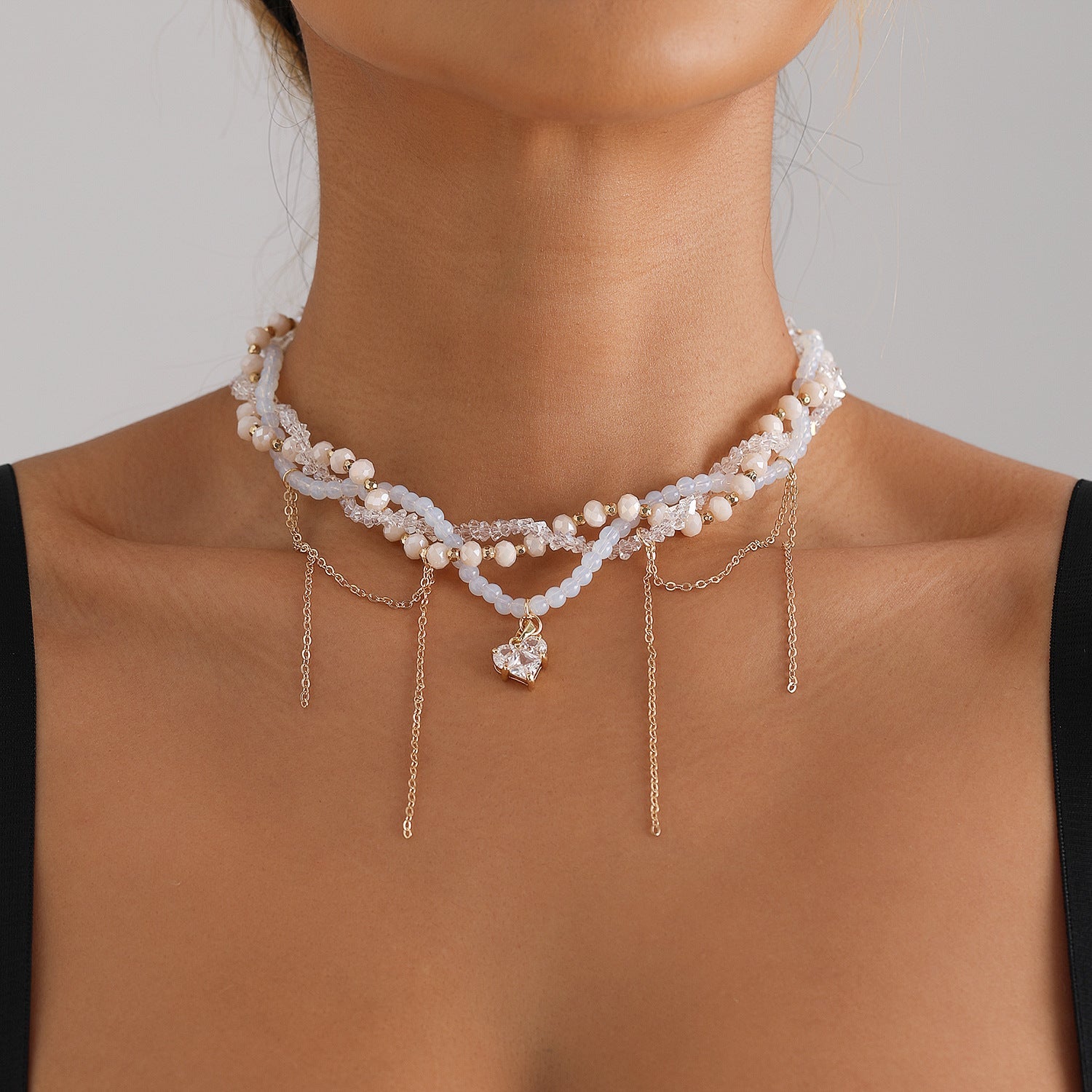 Layered Crystal Heart Tassel Necklace for Women – Gold Multi-Strand Chain Jewelry