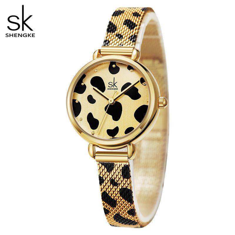SK Women’s Quartz Watch – Leopard Print Mesh Strap, Slim Waterproof Fashion Design