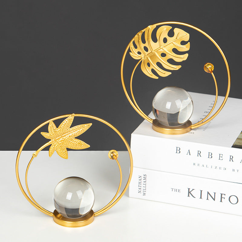 Modern Gold Iron Crystal Ball Leaf Ornament – Home Decor Accent