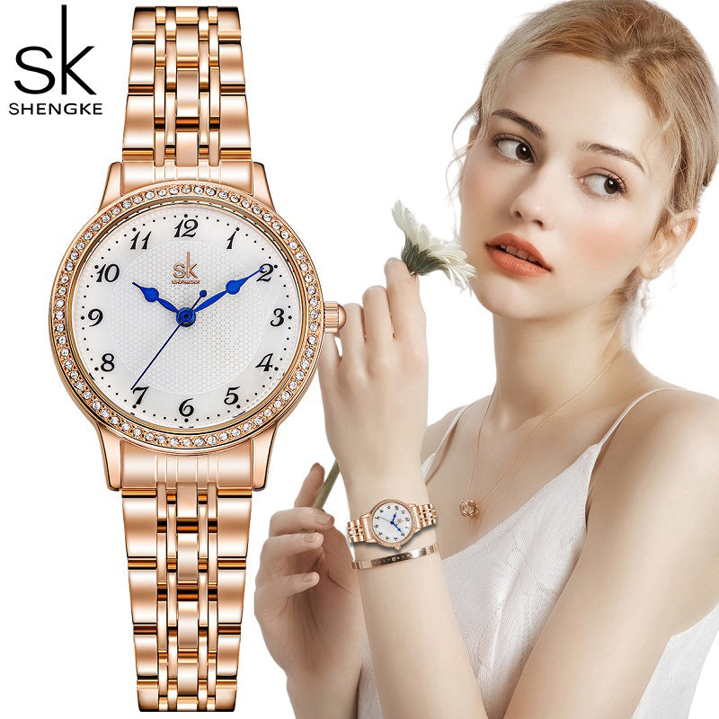 SK Women’s Quartz Watch – Small Diamond Dial, 30M Waterproof Fashion Wristwatch