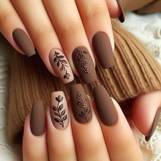 Elegant Matte Coffin Press-On Nails – Long Brown & Beige Floral Design