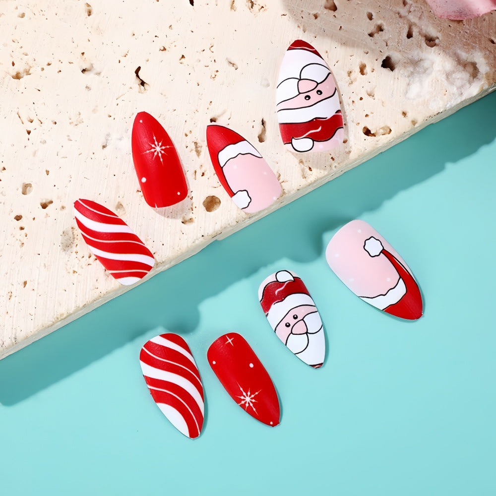 Santa Almond Press-On Nails – Medium Red Christmas Acrylic Glue-On Set